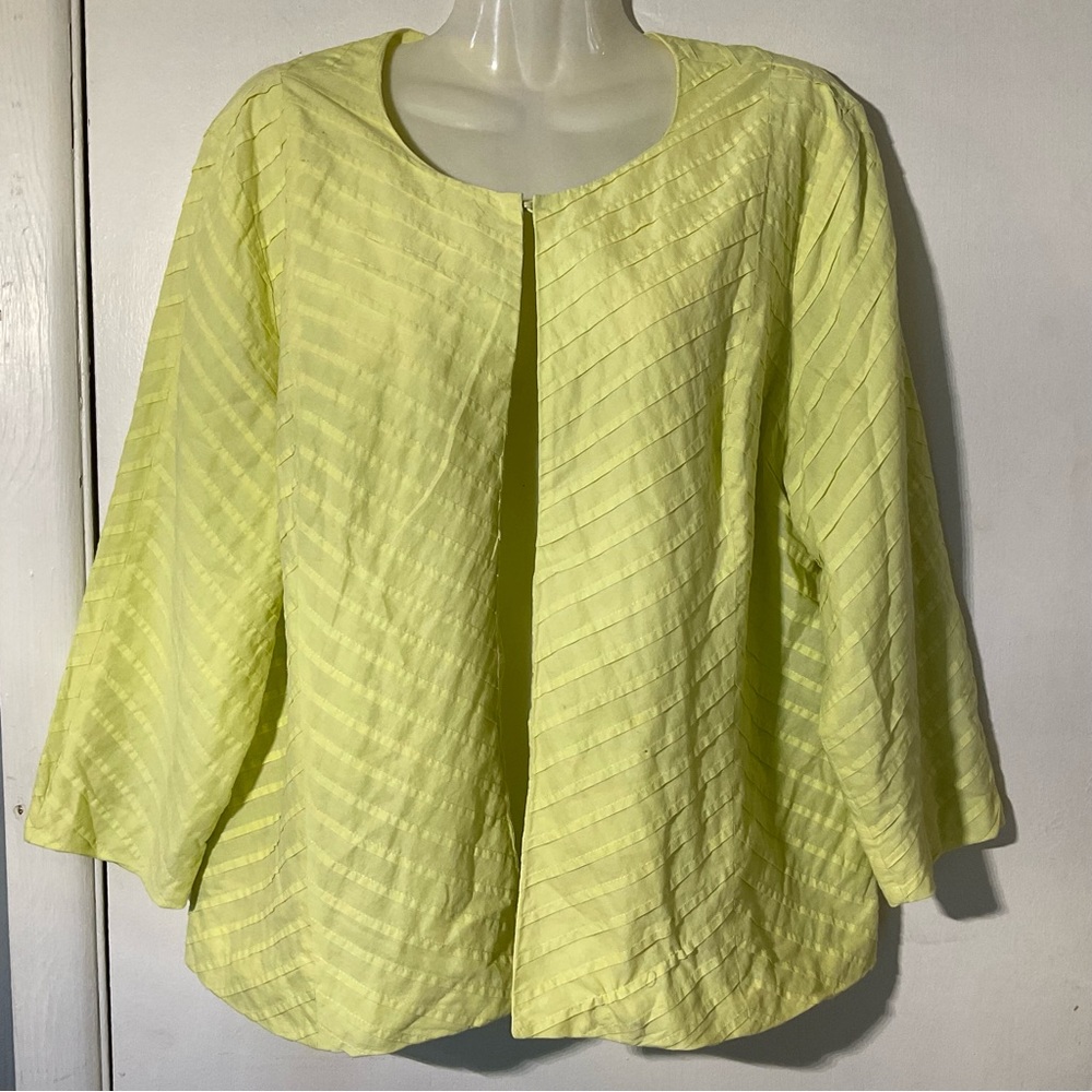 Chicos Open Front Jacket Size 16 Yellow Cotton Pintucking 3/4 Sleeve
